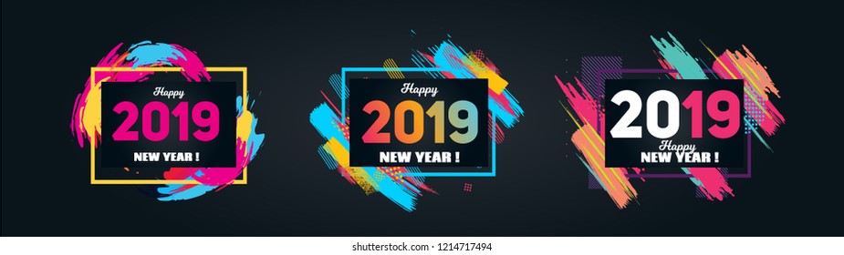 Vector horizontal background frame for text Modern Art graphics for hipsters. Happy New Year 2019 design elements for design of gift cards, brochures, flyers, leaflets, posters. set