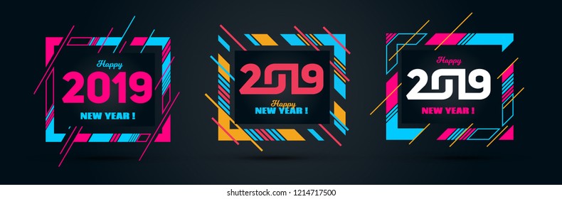 Vector horizontal background frame for text Modern Art graphics for hipsters. Happy New Year 2019 design elements for design of gift cards, brochures, flyers, leaflets, posters. set