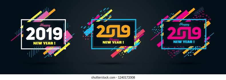 Vector horizontal background frame for text Modern Art graphics for hipsters. Happy New Year 2019 design elements for design of gift cards, brochures, flyers, leaflets, posters.