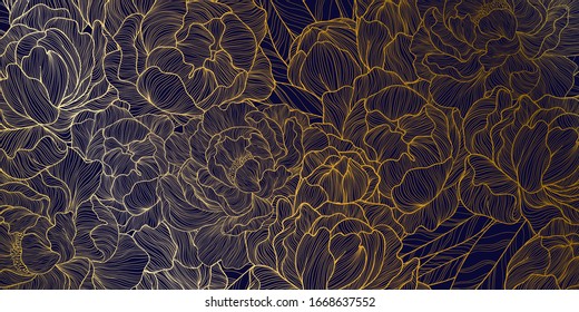 Vector horizontal background with gold line art hand drawn peonies flowers and leaves on classic blue background. Romantic design for natural cosmetics, perfume, women products. 
