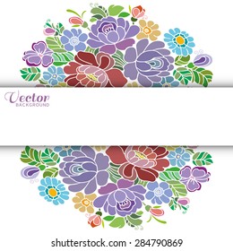 Vector horizontal background with graphic stylized flowers. Hand drawn floral frame ornament for invitation or greeting cards