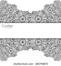 Vector horizontal background with graphic stylized flowers. Hand drawn floral frame ornament for invitation or greeting cards