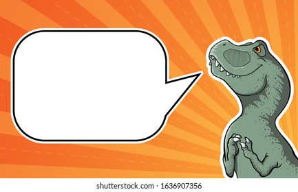 Vector horizontal background with hand drawn illustration of tyrannosaur in comix style with palce for text. Horizontal Banner with cute colorful t-rex in cartoons style with cope space