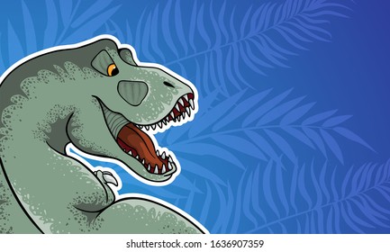 Vector horizontal background with hand drawn illustration of tyrannosaur in comix style with palce for text. Horizontal Banner with cute colorful t-rex in cartoons style with cope space