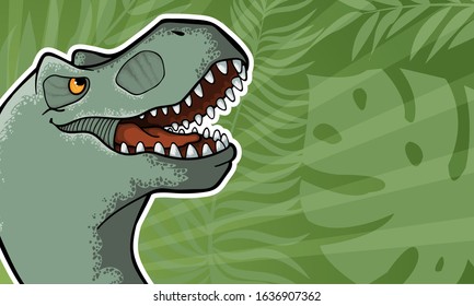 Vector horizontal background with hand drawn illustration of tyrannosaur in comix style with palce for text. Horizontal Banner with cute colorful t-rex in cartoons style with cope space