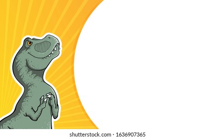 Vector horizontal background with hand drawn illustration of tyrannosaur in comix style with palce for text. Horizontal Banner with cute colorful t-rex in cartoons style with cope space