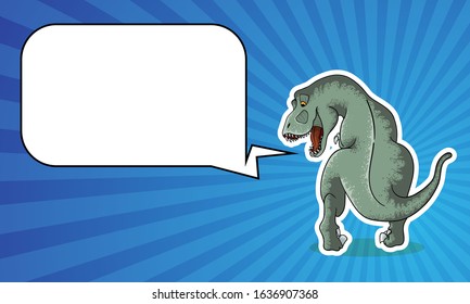 Vector horizontal background with hand drawn illustration of tyrannosaur in comix style with palce for text. Horizontal Banner with cute colorful t-rex in cartoons style with cope space