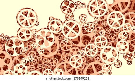 Vector horizontal background illustration of gear wheels in red tone.