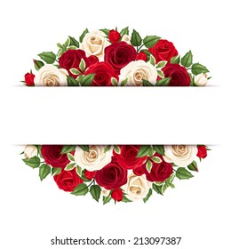 Vector horizontal background with red and white roses and green leaves.