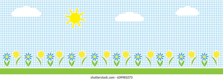 Vector  horizontal background with sun,clouds and flowers. Summer or spring landscape for childish design