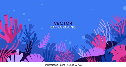 Vector horizontal background with underwater scene and nature - marine life - for banners, greeting cards, posters and advertising 