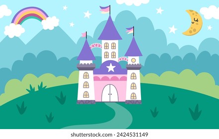 Vector horizontal background with unicorn castle, field, clouds, stars, rainbow. Fantasy world scene with palace, towers, moon. Fairytale landscape for card, book. Cute night kingdom illustration