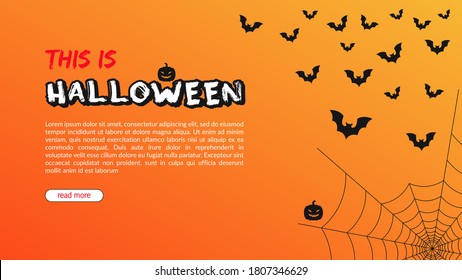 Vector horizontal background, web banner, place for text and button. Halloween theme, bats, cobweb, pumpkin. Orange gloomy background. Copyspace.