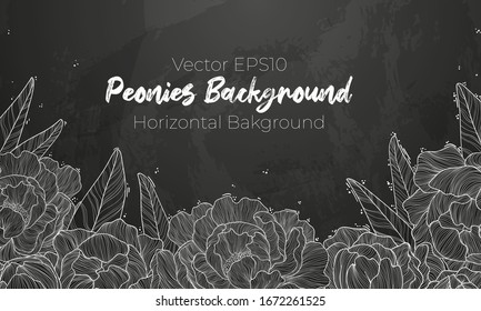 Vector horizontal background with white chalk line art hand drawn peonies flowers and leaves on blackboard background with place for text. 