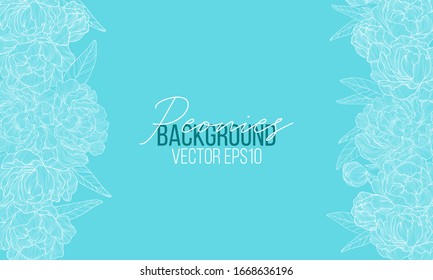 Vector horizontal background with white line art hand drawn peonies flowers and leaves on blue background with place for text. Romantic design for natural cosmetics, perfume, women products.