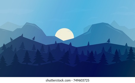Vector horizontal background with winter landscape - mountains, forest. Mountains background in a flat style