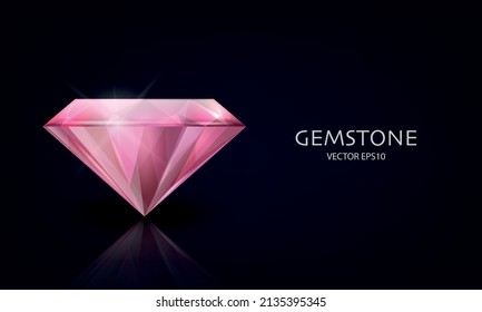 Pancarta horizontal vectorial con 3d Gemstone transparente rosado realista, diamante, cristal, rhinestones cerrados en negro. Concepto jovial. Plantilla de diseño, Clipart. Vista lateral