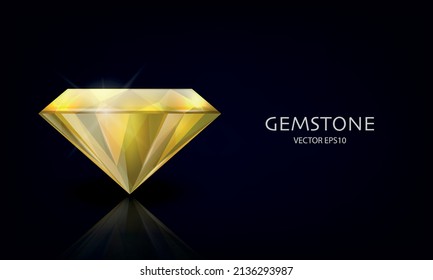 Vector Horizontal Banner with 3d Realistic YellowTransparent Gemstone, Diamond, Crystal, Rhinestones Closeup on Black. Jewerly Concept. Design Template, Clipart. Side View