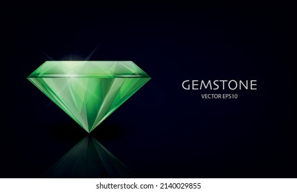 Vector Horizontal Banner with 3d Realistic Green Transparent Gemstone, Diamond, Crystal, Rhinestones Closeup on Black. Jewerly Concept. Design Template, Clipart. Side View