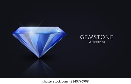 Pancarta horizontal vectorial con 3d Gemstone azul transparente realista, diamante, cristal, rhinestones cerrados en negro. Concepto jovial. Plantilla de diseño, Clipart. Vista lateral