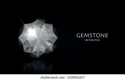 Vector Horizontal Banner with 3d Realistic Black Transparent Gemstone, Diamond, Crystal, Rhinestones Closeup on Black. Jewerly Concept. Design Template, Clipart