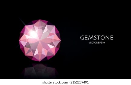 Pancarta horizontal vectorial con 3d Gemstone transparente rosado realista, diamante, cristal, rhinestones cerrados en negro. Concepto jovial. Plantilla de diseño, cliente