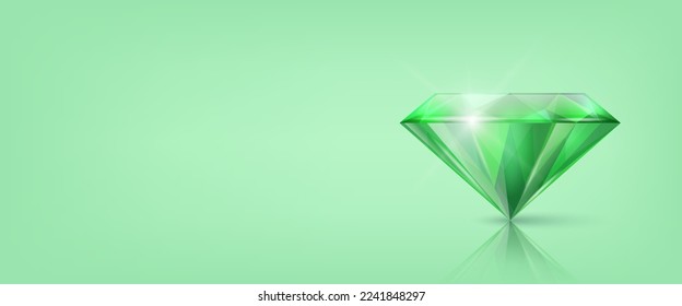 Vector Horizontal Banner with 3d Realistic Green Transparent Triangular Glowing Gemstone, Diamond, Crystal, Rhinestone Closeup on Green Background with Reflection. Jewerly Concept. Design Template