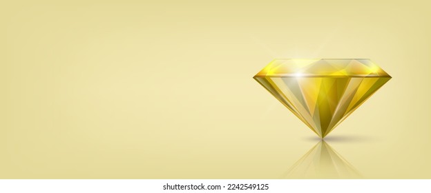 Horizontaler Vektorbanner mit 3D-realistisch-gelbem, transparentem Dreiecksgrundel, Diamant, Kristall, Rhinestone Nahaufnahme auf grünem Hintergrund mit Reflektion. Jewerly Concept. Vorlage erstellen