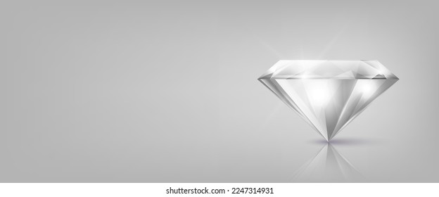 Vector Horizontal Banner with 3d Realistic White Transparent Triangular Glowing Gemstone, Diamond, Crystal, Rhinestone Closeup on Gray Background with Reflection. Jewerly Concept. Design Template