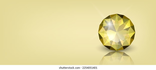 Horizontaler Vektorbanner mit 3D-realistisch-gelbem, transparentem, rundglühendem Edelstein, Diamant, Kristall, Rhinestone, Nahaufnahme auf gelbem Hintergrund mit Reflektion. Jewerly Concept. Vorlage erstellen