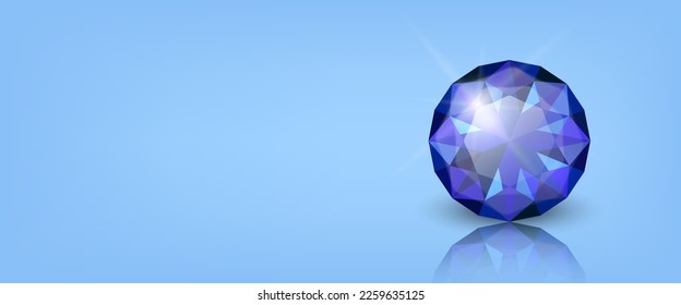 Pancarta horizontal vectorial con 3d Gemstone azul transparente azul realista brillante redondo, diamante, cristal, rhinestone cerrado sobre fondo azul con reflexión. Concepto jovial. Plantilla de diseño