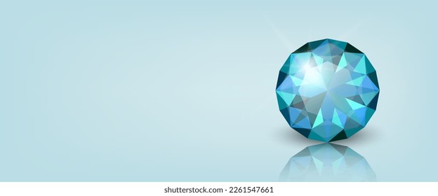 Vector Horizontal Banner with 3d Realistic Blue Transparent Round Glowing Gemstone, Diamond, Crystal, Rhinestone Closeup on Blue Background with Reflection. Jewerly Concept. Design Template
