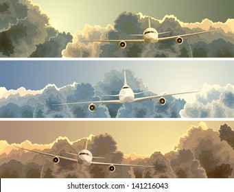 Vector horizontal banner with big plane on background of clouds at sunset.