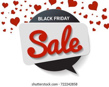 Vector horizontal banner, a black circle with the text black Friday sale. Black bubble on white background with red hearts. 