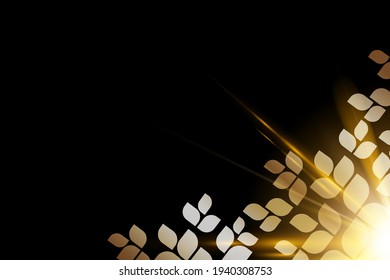 Vector horizontal banner with black and gold leaves on dark background. Luxury exotic botanical design for cosmetics, spa, perfume, aroma, beauty salon. Best as wedding invitation card