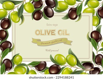 Vector horizontal banner black and green olives. Olive oil label, pac, Realistic vector.. With place for text.