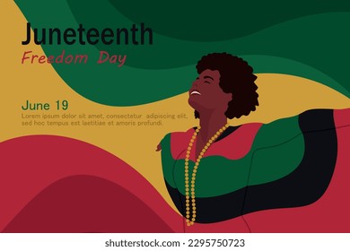 Vector horizontal  banner with black woman on red, green and black background color of African flag. Freedom or Emancipation Day. Annual American holiday. Banner for website, social media, print.