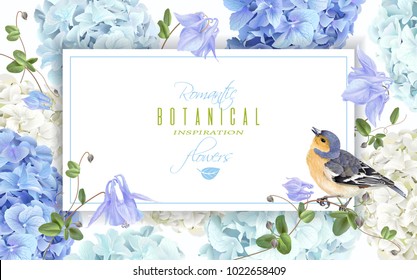 Vector horizontal banner with blue, white hydrangea flowers and bird on white background. Floral design for cosmetics, perfume, beauty care products. Can be used as greeting card, wedding invitation