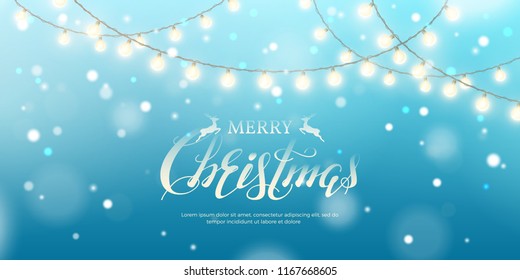 Vector horizontal banner with border of realistic light garlands, text “Merry Christmas” and snowfall. Festive blue background with shiny glowing bulbs, lettering, snow for design of flyer and poster.