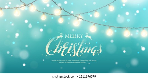 Vector horizontal banner with border of realistic light garlands, text “Merry Christmas” and snowfall. Festive marine blue background with shiny glowing bulbs, lettering and snow for design of flyers.