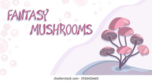 Vector horizontal banner with cartoon fantasy mushrooms in pink colors. Illustration of a magical fairy atmosphere concept.