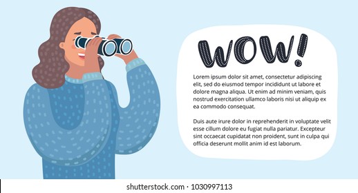 Vector Horizontal Banner With Cartoon Funny Illustration Of Woman Looking Through Binoculars. Person Looking Through A Spyglass. Female Characters In White Isolated Background.