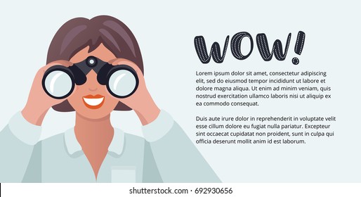 Vector Horizontal Banner With Cartoon Funny Illustration Of Woman Looking Through Binoculars