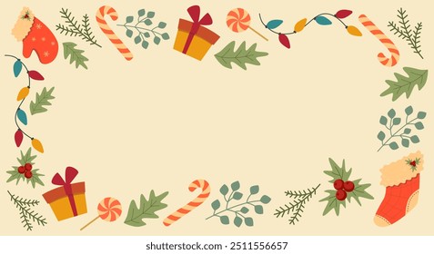 Vector horizontal banner with Christmas decorations elements. Winter holiday frame with holly branches, sweets and gifts. Festive border with mittens and stockings.