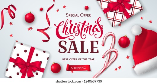 Vector horizontal banner for Christmas sale with gift boxes, Santa Claus hat, candy canes, ribbons, toys and confetti. Elegant festive background for design of flyers for discount and special offers.