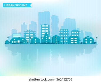 Vector horizontal banner with city skyline constructions, with reflections on blurred background