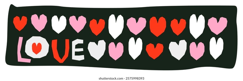 Vector horizontal banner with collage hearts in pink and red on black background, Bold modern text love for Valentine's day, brochure, social media design