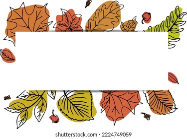 Vector horizontal banner with colorful autumn leaves in hand drawn doodle style.