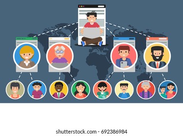 Vector horizontal banner. Concept of blogging, chatting, communication in social networks and successful teamwork. Man with computer in top and many online helpers connected by internet in flat style