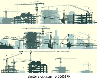 Vector horizontal banner of construction site with cranes and skyscraper under construction.